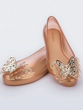 Mini Melissa NIB girls 3 Metallic Rose Jelly Ballet Flats Gold Butterfly little